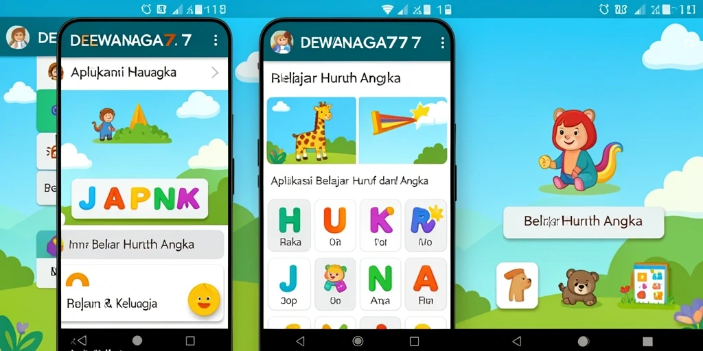 Antarmuka DEWANAGA77 menampilkan fitur belajar huruf dan angka yang interaktif.