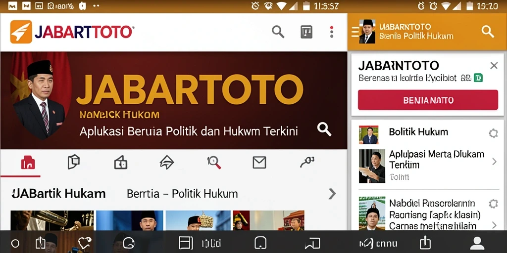 Antarmuka aplikasi JABARTOTO dengan berita politik dan hukum.